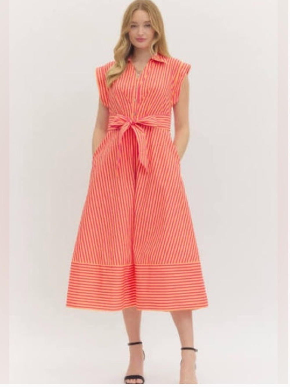 NWT Entro Tie Front Red & Orange Striped Shirt Dress Sz S